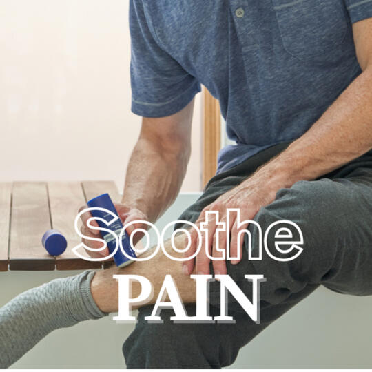 Natural Pain Relief with essential oils, deep blue pain stick, copaiba, polyphenols, healthy inflammatory response.